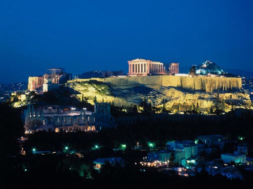 Parthenon and Acropolis hill at night.